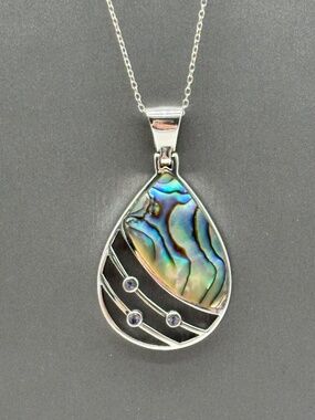 Sterling Silver Teardrop Abalone Shell Pendent Amaethyst Accents 21"